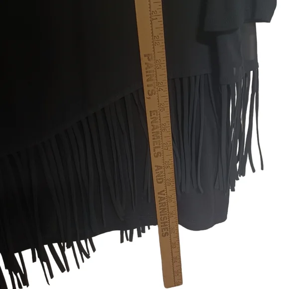 CHICO'S Fringe Asymmetric Hem Semi Sheer Overlay Black Top 2 (Large) - Picture 9 of 9